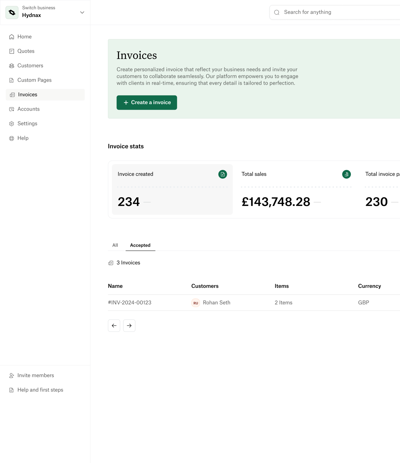 screenshot of Cadobook's invoices page