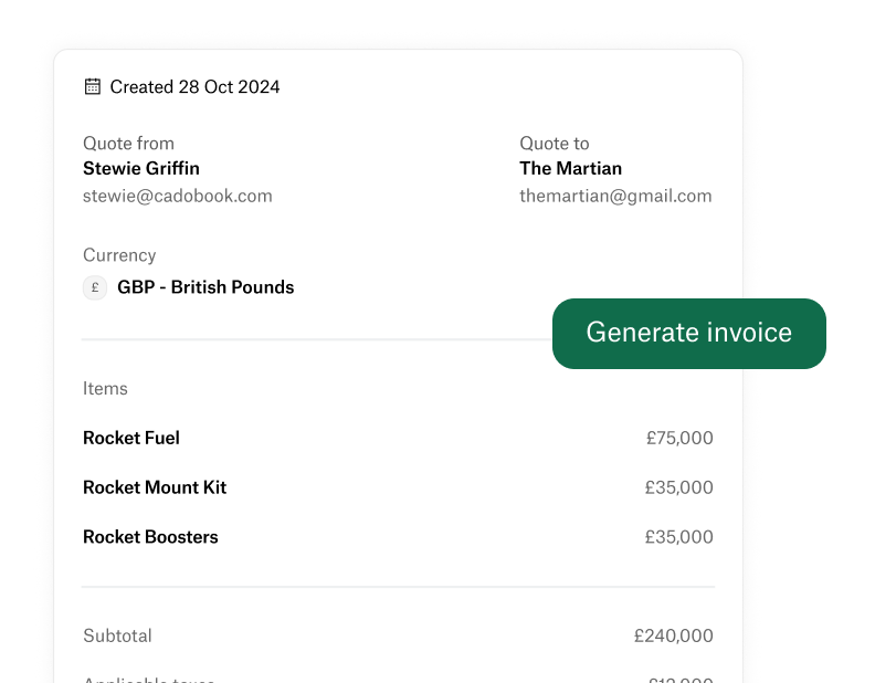 screenshot of a quote with a generate invoice button on Cadobook