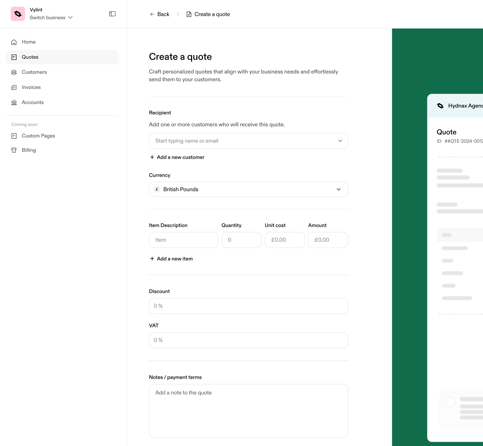 screenshot of Cadobook's create quote page
